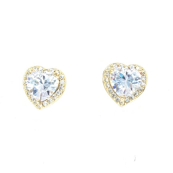 Small Gold Heart Stud Earrings with Cubic Zirconia Stones, great for a gift - Picture 2 of 3